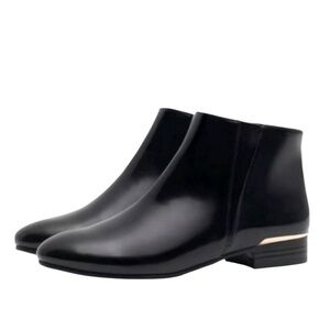 Zara Black Shiny Leather Ankle Boots Booties w/ Gold Detail - 37 / 6.5